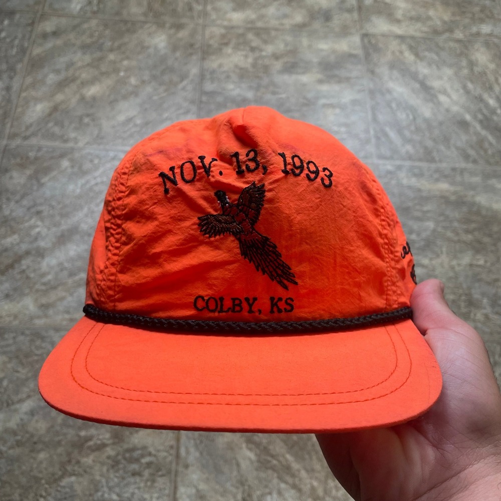 Vintage 1993 Colby KS Pheasant Hunting Hat Blaze Orange Deep Rock Cafe Rope Cap